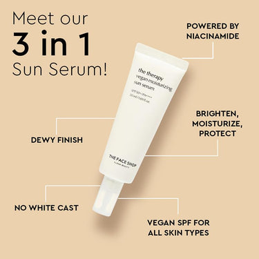 The Face Shop The Therapy Vegan Moisturizing Sun Serum With Spf 50 Pa++++ For Broad Spectrum Protection, No White Cast Moisturizing Serum Sunscreen For All Skin Type, 50 Ml